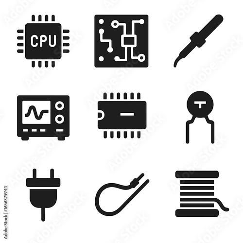 Black Icon Grid. Solid, filled icon set of computer hardware: CPU, GPU, motherboard, RAM, power supply, hard drive, keyboard,