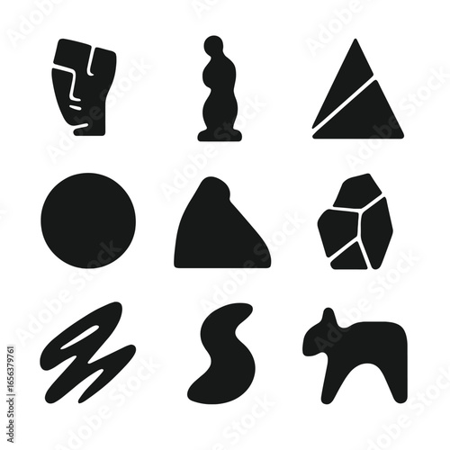 Black Abstract Icons Grid. Solid, filled icon set of sculpture shapes: cubist form, distorted shape, amorphous figure, triangular