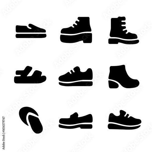 Black Footwear Icons. Solid, filled icon set of footwear for street style: slip-ons, platform shoes, combat boots, sandals,