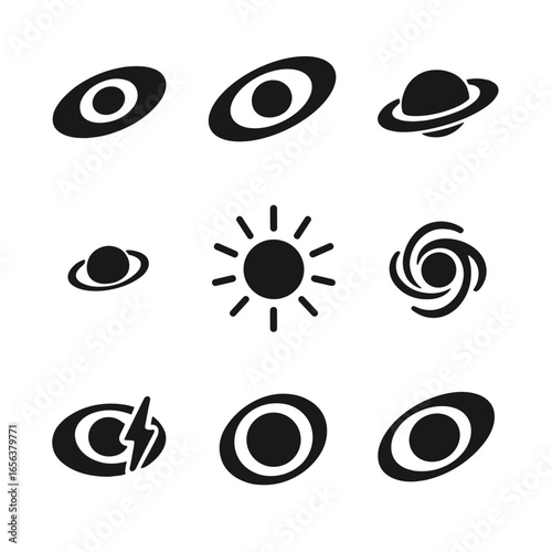 Black Hole Icons Grid. Solid, filled icon set of Theoretical black hole types: stellar black hole, supermassive black hole,