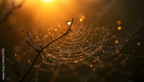 macro photography of dew drops on spiderweb at golden hour, bokeh background, hyperdetailed
