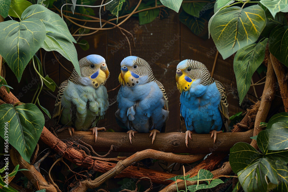 Obraz premium Trio of Bright Budgerigars Resting on Branches in Natural Habitat