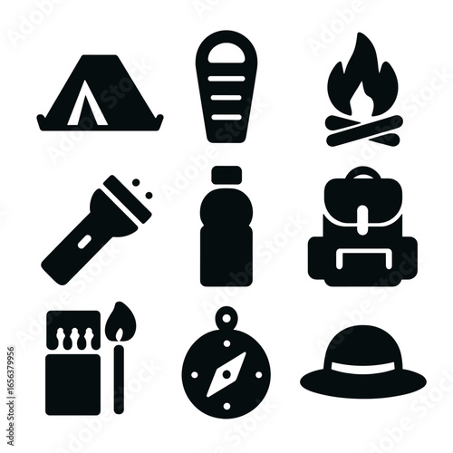 Camping Essentials Icons. Solid, filled icon set of camping supplies: tent, sleeping bag, campfire, flashlight, water bottle,