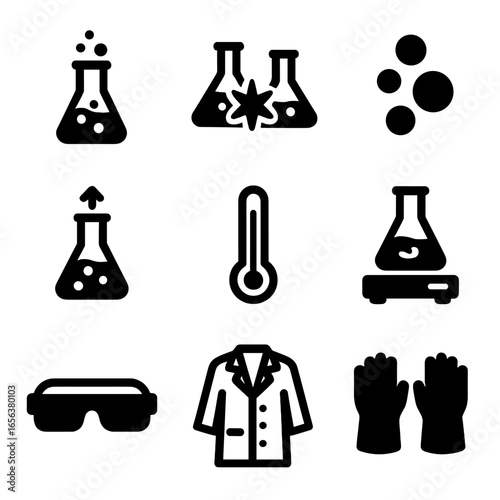 Chemical Experiment Icons. Solid, filled icon set of chemical experiments: bubbling beaker, chemical reaction, gas bubbles, color