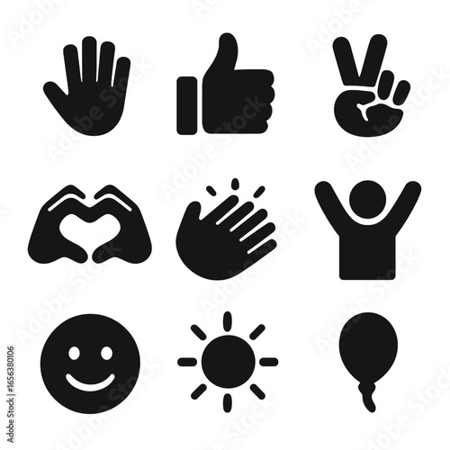 Cheerful Gesture Icons. Solid, filled icon set of cheerful gestures: waving hand, thumbs up, peace sign, heart hand, clapping