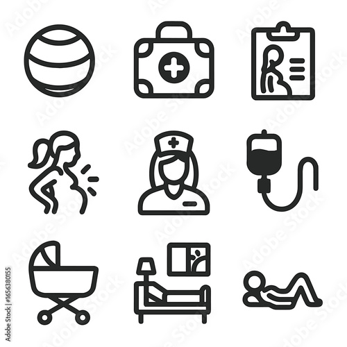 Childbirth Preparation Icons. Solid, filled icon set of childbirth preparation: birthing ball, hospital bag, birth plan,