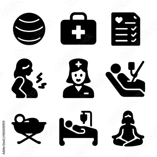 Childbirth Preparation Icons. Solid, filled icon set of childbirth preparation: birthing ball, hospital bag, birth plan,