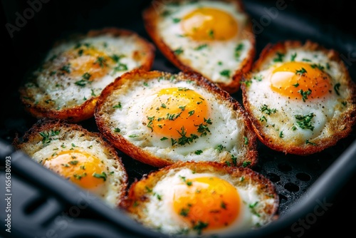 Fried eggs with crispy edges and herbs in air fryer basket. Studio food photography.