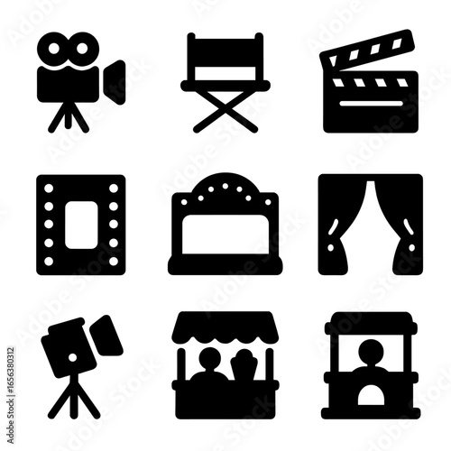 Cinema Icon Collection. Solid, filled icon set of cinema experience: film camera, director’s chair, clapperboard, film strip,