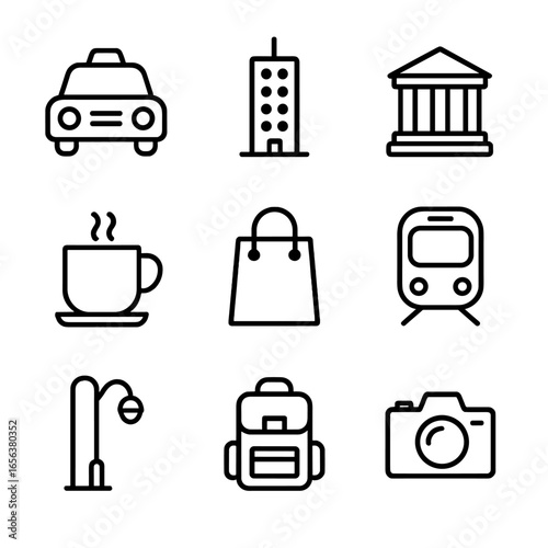 City Vacation Icons. Solid, filled icon set of city vacation: taxi, skyscraper, museum, coffee cup, shopping bag, subway,