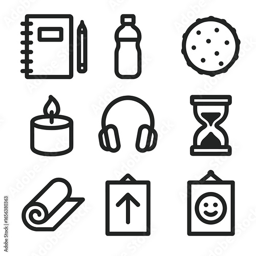 Classroom Wellness Icons. Solid, filled icon set of classroom mental wellness tools: notebook, pencil, water bottle, stress ball,