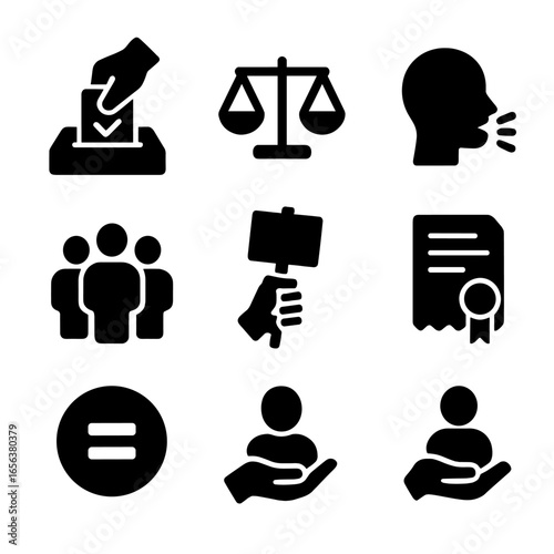 Civil Rights Icons. Solid, filled icon set of Civil Rights: voting, equality, freedom of speech, assembly, protest, picket sign,