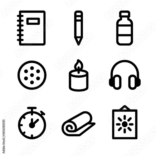 Classroom Wellness Icons. Solid, filled icon set of classroom mental wellness tools: notebook, pencil, water bottle, stress ball,