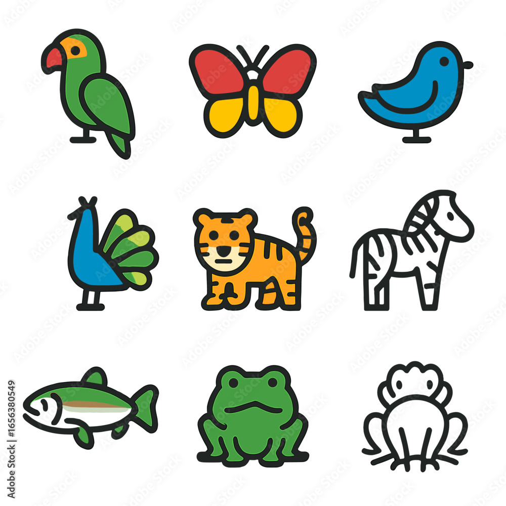 Naklejka premium Colorful Animal Icons. Solid, filled icon set of colorful animals: parrot, butterfly, fish, bird, peacock, tiger, zebra, rainbow
