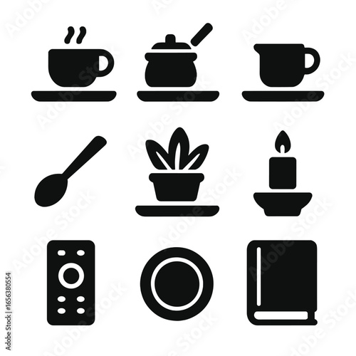 Coffee Table Essentials. Solid, filled icon set of coffee table essentials on trays: coffee cup, sugar bowl, creamer, teaspoon,