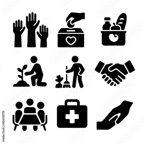 Community Service Icons. Solid, filled icon set of community service activities: volunteer hands, donation box, food bank,