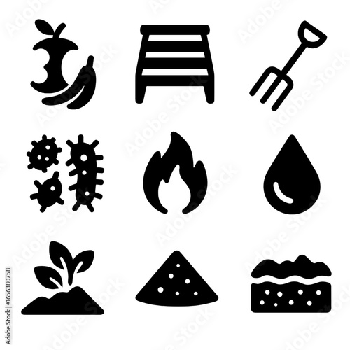 Composting Icons Grid. Solid, filled icon set of composting process: food scraps, compost bin, turning fork, decomposer microbes,