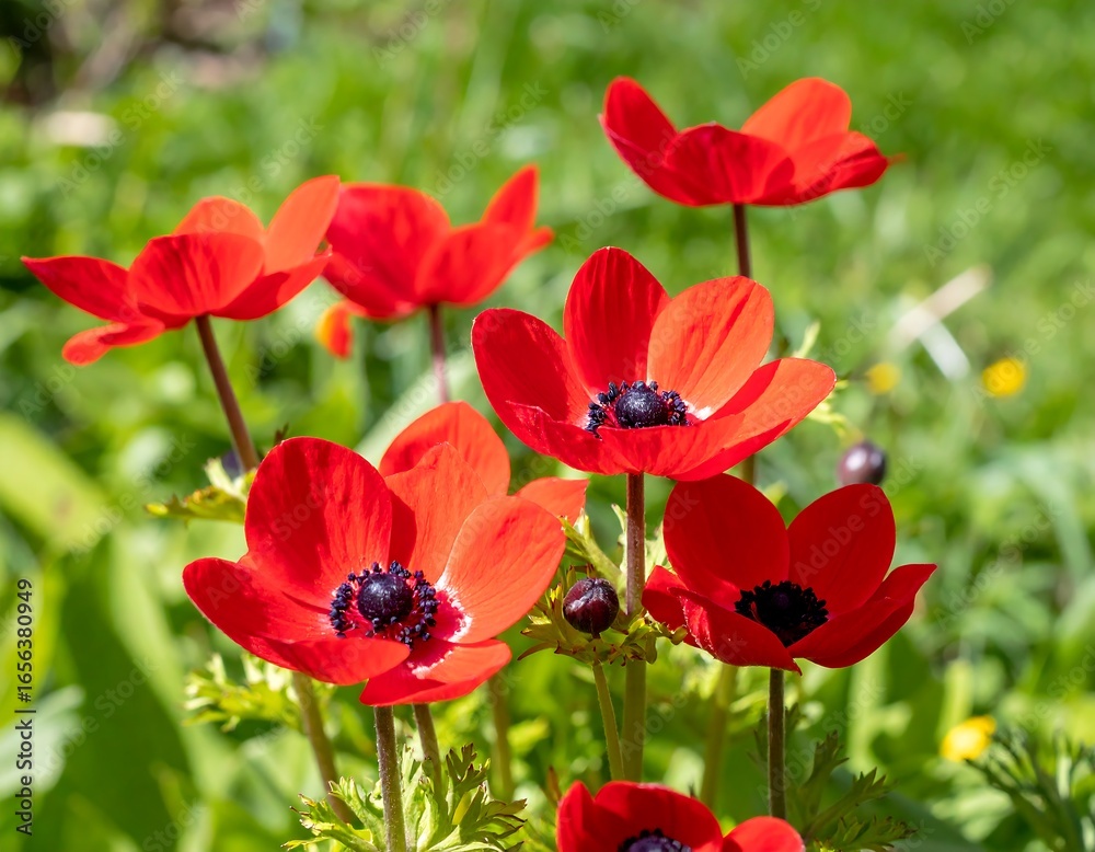 Fototapeta premium Vibrant red anemones in a garden