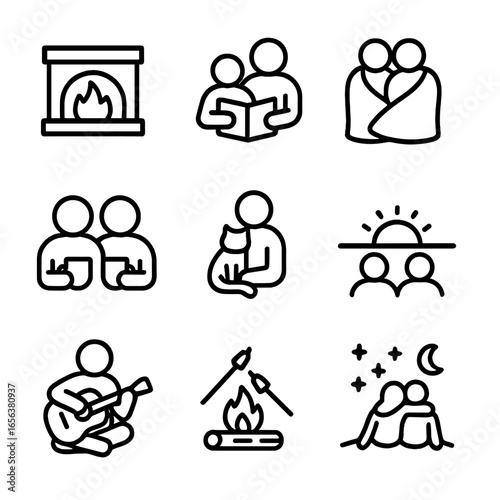 Cozy Moments Icons. Solid, filled icon set of cozy moments: sitting by fireplace, reading together, sharing blanket, sipping hot