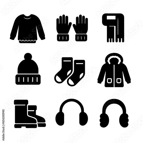 Cozy Winter Icons. Solid, filled icon set of cozy winter wear: fuzzy sweater, knitted gloves, scarf, beanie, thermal socks, parka,