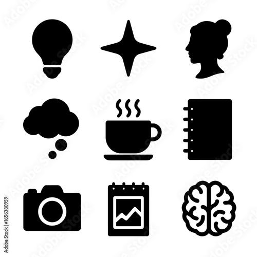 Creative Inspiration Icons. Solid, filled icon set of creative inspiration: light bulb, spark, muse figure, idea cloud, coffee cup