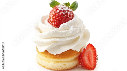 Whipped cream-topped shortcake with whole strawberry and sugar dusting, isolated on white background