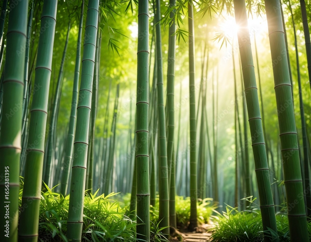 Fototapeta premium Sunlight filters through a lush bamboo forest, creating a serene and tranquil natural scene