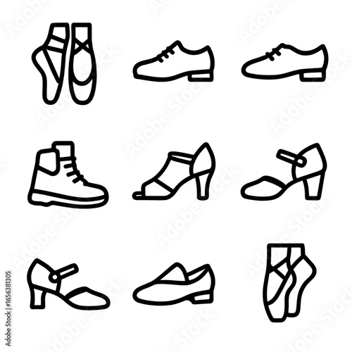 Dance Shoes Icons. Solid, filled icon set of different dance styles shoes: ballet, tap, jazz, hip-hop, salsa, flamenco, ballroom,