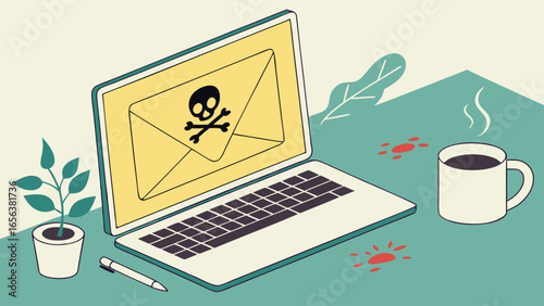 Laptop Displaying a Malicious Email with Skull and Crossbones.