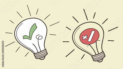 Cartoon Light Bulbs with Checkmark and Cross Symbols Representing Ideas.