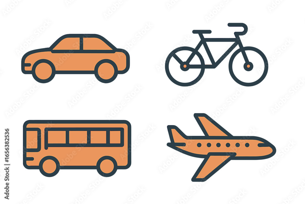 Naklejka premium Set of transportation icons: car, bicycle, bus, airplane