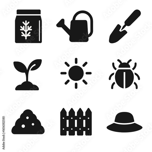 Dill Garden Icon Set. Solid, filled icon set of dill cultivation: seed packet, watering can, garden trowel, plant sprout, sun with