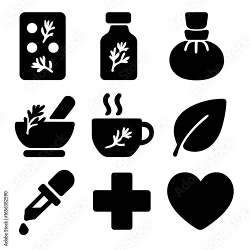 Dill Wellness Icons. Solid, filled icon set of dill wellness: herbal medicine, tincture bottle, herbal compress, mortar and pestle