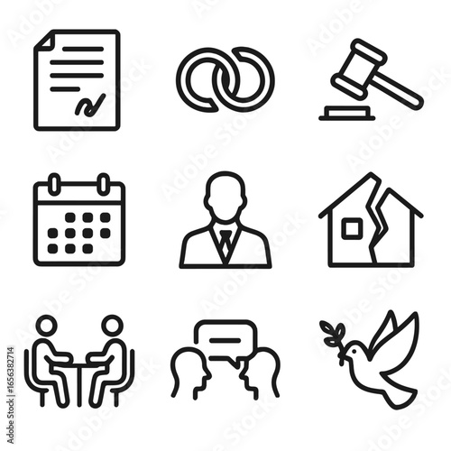 Divorce Icons Set. Solid, filled icon set of divorce process: signed contract, wedding rings separated, court gavel, calendar,