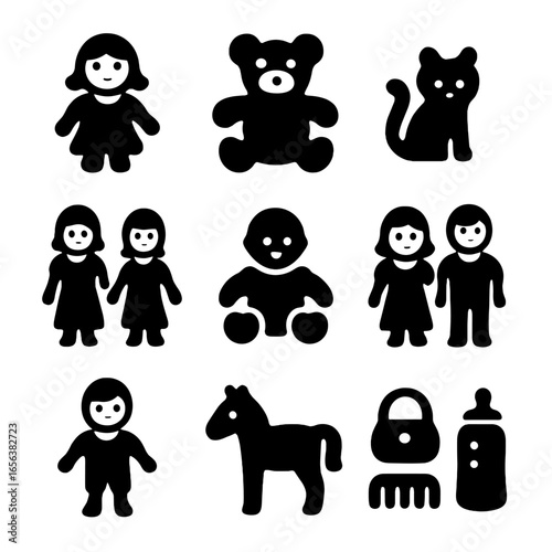 Dollhouse Icon Set. Solid, filled icon set of dollhouse dolls and figures: doll, teddy bear, miniature pet, doll family, baby doll