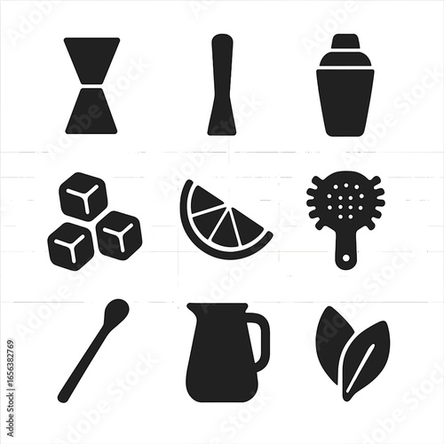 Drink Icons Grid. Solid, filled icon set of drink preparation: measuring jigger, muddler, cocktail shaker, ice cubes, lime wedge,