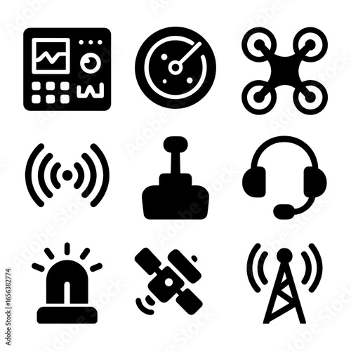 Drone Control Icons. Solid, filled icon set of drone traffic control interface: control panel, radar map, drone symbol,