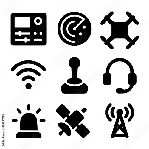 Drone Control Icons. Solid, filled icon set of drone traffic control interface: control panel, radar map, drone symbol,