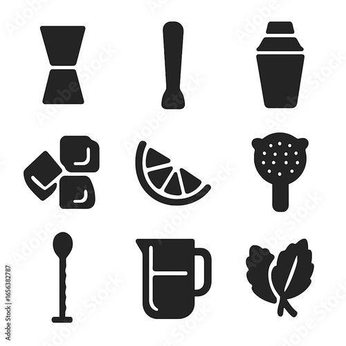 Drink Icons Grid. Solid, filled icon set of drink preparation: measuring jigger, muddler, cocktail shaker, ice cubes, lime wedge,