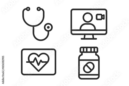 Medical Icons: Stethoscope, Telemedicine, Heartbeat, Pills