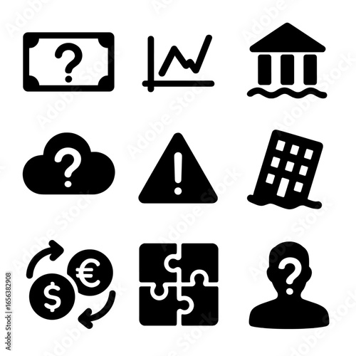 Economic Uncertainty Icons. Solid, filled icon set of economic uncertainty symbols: question mark on money, fluctuating economy,