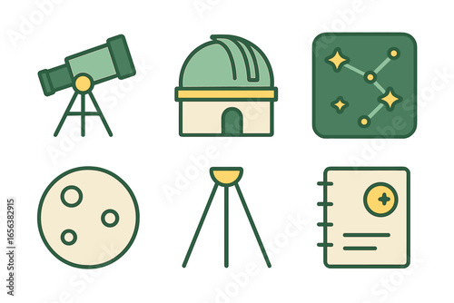 Astronomy Icons: Telescope, Moon, Constellation, Observatory