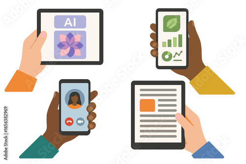 People using digital devices for communication and information