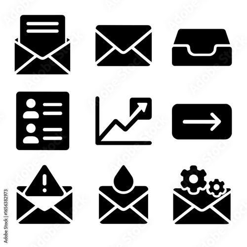 Email Marketing Icons. Solid, filled icon set of email marketing tools: newsletter icon, envelope, inbox tray, subscriber list,