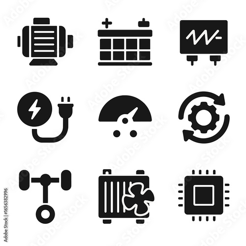 Electric Vehicle Icon Set. Solid, filled icon set of electric vehicle components: electric motor, battery pack, inverter, charging