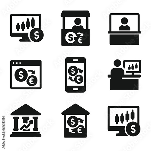 Exchange Platform Icons. Solid, filled icon set of exchange platforms and locations: forex market, exchange booth, bank counter,