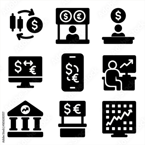 Exchange Platform Icons. Solid, filled icon set of exchange platforms and locations: forex market, exchange booth, bank counter,