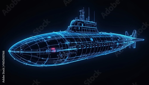 A glowing, digital representation of a submarine, showcasing its intricate design and structure.