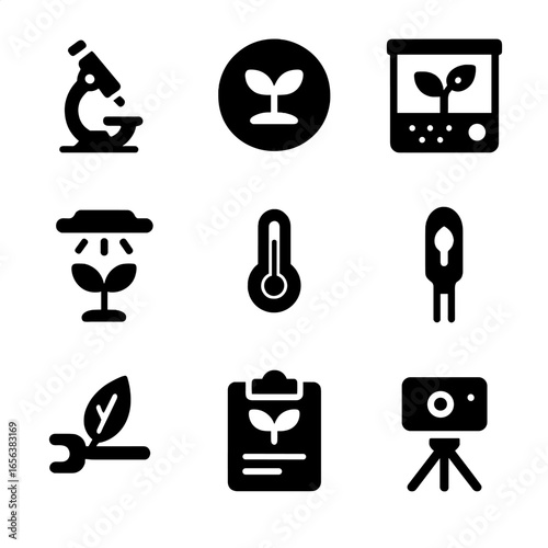 Experimental Botany Icons. Solid, filled icon set of experimental botany: microscope, plant sample, test chamber, controlled light