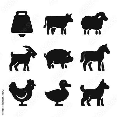 Farm Animal Icons. Solid, filled icon set of Cow bell and farm animals: cow bell, cow, sheep, goat, pig, horse, chicken, duck, dog